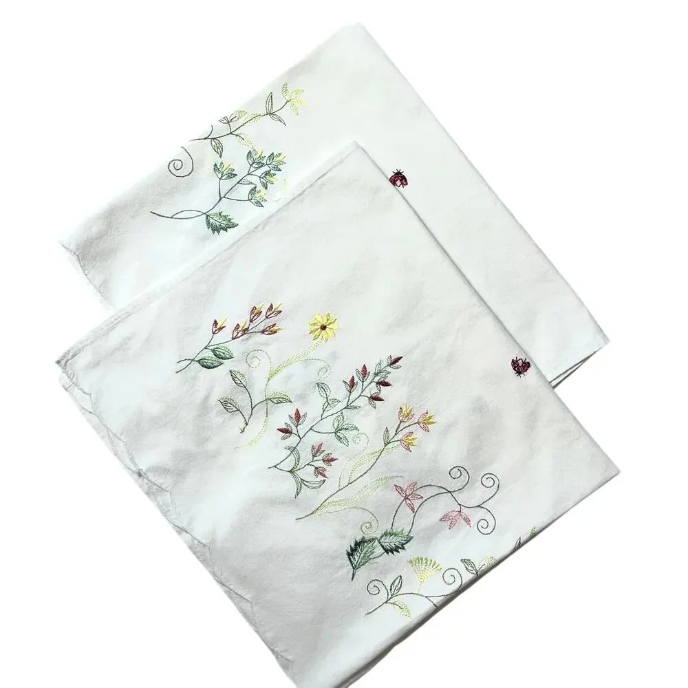 Pair of Embroidered Floral Cafe Curtains White Cotton Ladybug French Country
